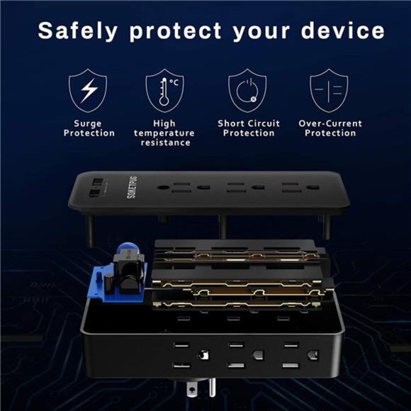 Surge Protector,Outlet Extender with 9 Outlets,Multi Plug Outlet with 2USB Ports - Picture 5 of 6